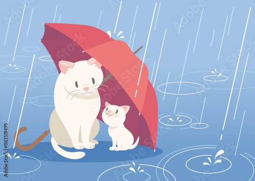 Two white cats takes shelter from the rain with a red umbrella.