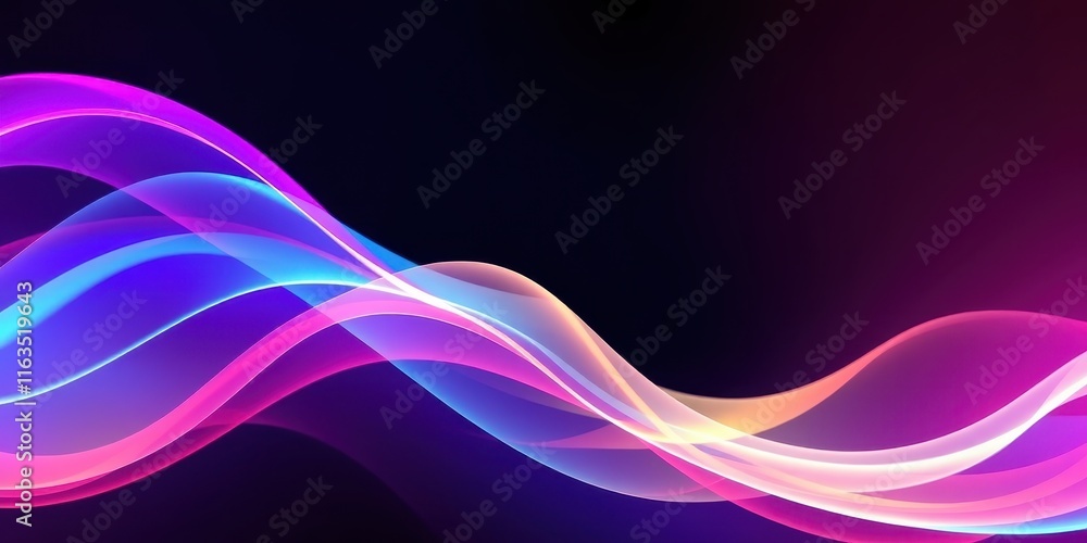 Obraz premium Abstract flowing neon waves design, vibrant pink, purple, and blue hues on black background
