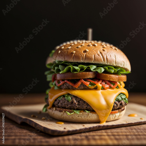 Big hamburger with huge ham piece and a lot of cheese