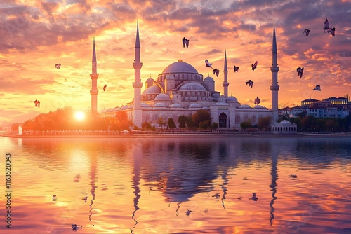 Stunning Sunset over a Mosque in Istanbul, Turkey photo