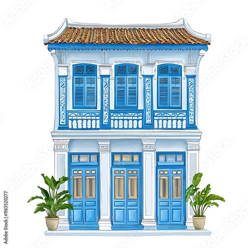 Illustration of a Traditional Peranakan Shop House with Blue Doors and Windows.