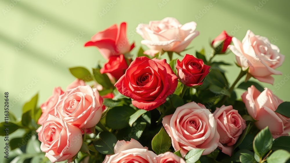 A vibrant bouquet of pink and red roses bathed in sunlight A vibrant bouquet of pink and red roses bathed in sunlight