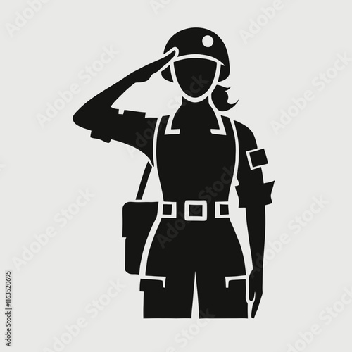simple, flat, and minimalist silhouette of a soldier woman saluting, black color, white background