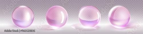 3D glass balls set isolated on transparent background. Vector realistic illustration of pink crystal spheres with light flare and reflection on glossy surface, cosmetic gel bubbles, decoration beads
