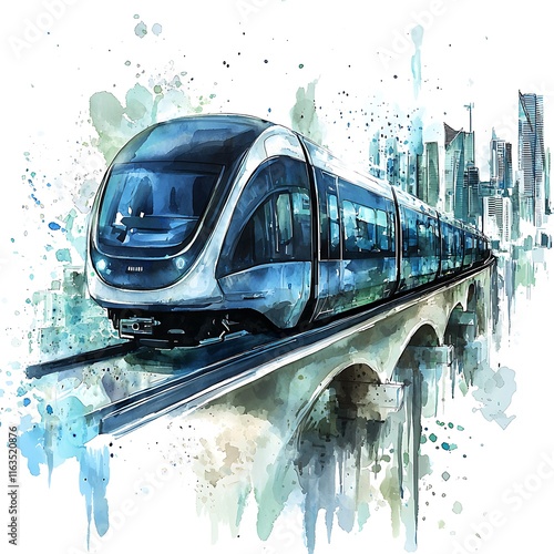 Watercolor Painting of a Modern Train Traveling on an Elevated Track Through a Cityscape.