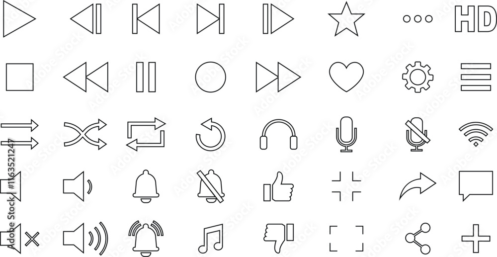 Media player icon set. Multimedia music audio control Media player interface symbol Play pause skip stop vector collection isolated on transparent background for mobile app website UI operation Media player icon set. Multimedia music audio control Media player interface symbol Play pause skip stop vector collection isolated on transparent background for mobile app website UI operation