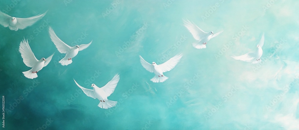 White doves flying in a soft teal sky. White doves flying in a soft teal sky.