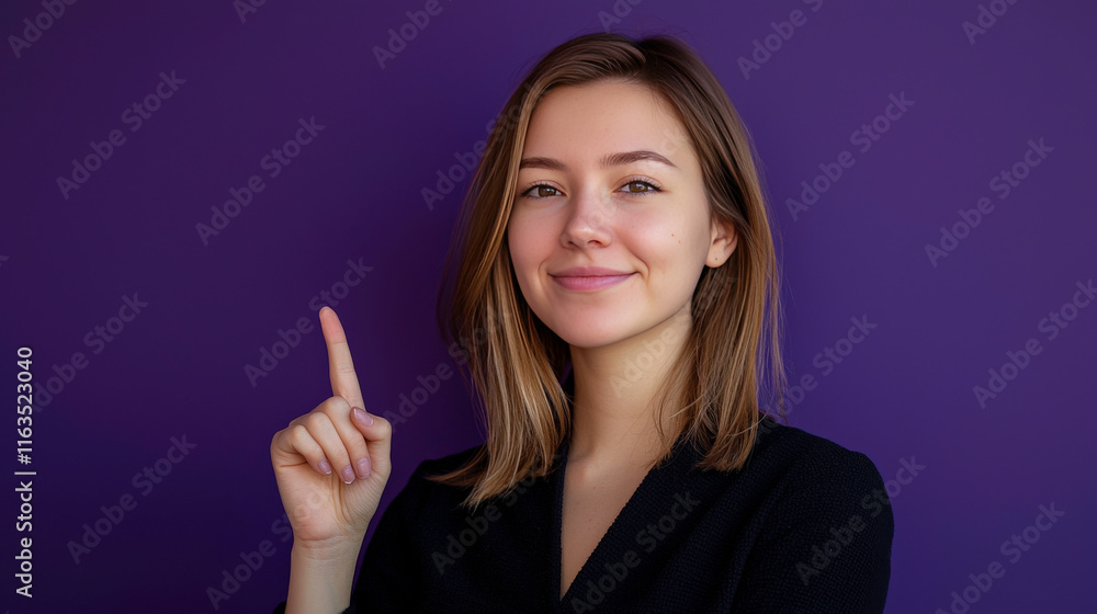 Young woman with short hair smiling and pointing upward against a vibrant purple background showcasing positivity and creative ideas for concepts Young woman with short hair smiling and pointing upward against a vibrant purple background showcasing positivity and creative ideas for concepts