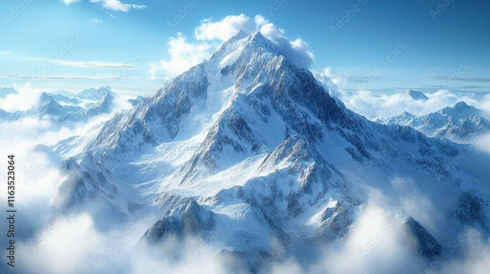 Obraz premium Majestic Snow-Capped Mountain Peak Soaring Above the Clouds