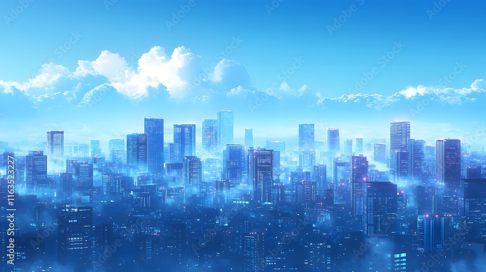 Futuristic Cityscape Under a Blue Sky with Clouds Futuristic Cityscape Under a Blue Sky with Clouds