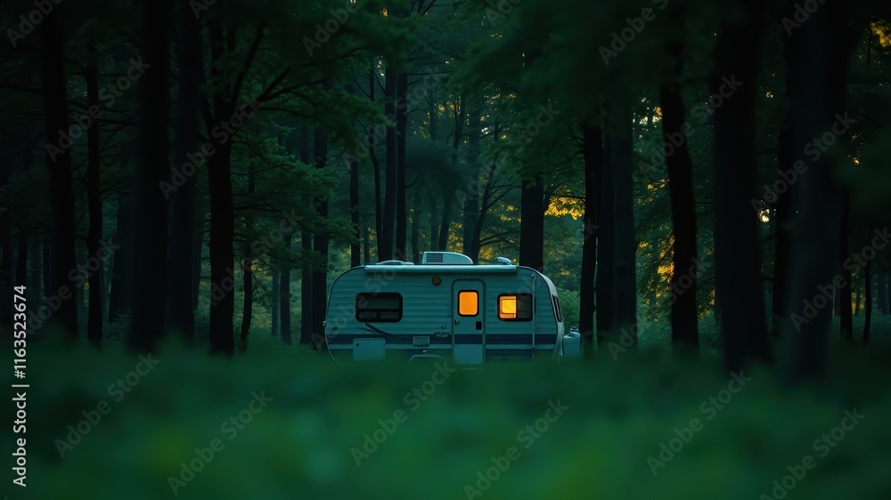 Secluded Camper Van Nestled Amongst Tall Trees at Dusk Secluded Camper Van Nestled Amongst Tall Trees at Dusk