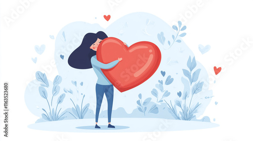 Self care concept. Woman hugging heart, acceptance and self love. Positive psychology, optimism and mental health. Poster or banner for website with happy girl. Cartoon flat vector illustration.