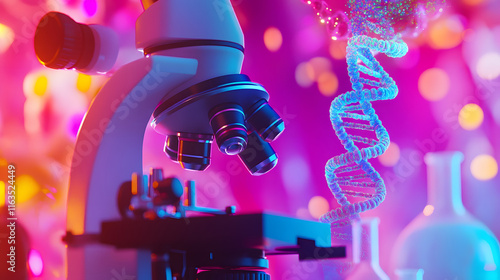 Close-Up View of a Microscope with Objective Lens in Focus, Set Against a Colorful Background of Science and Laboratory Imagery