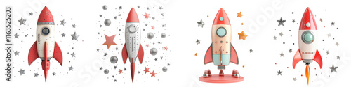 Four whimsical rockets adorned with stars and planets, showcasing vibrant colors and playful designs. photo