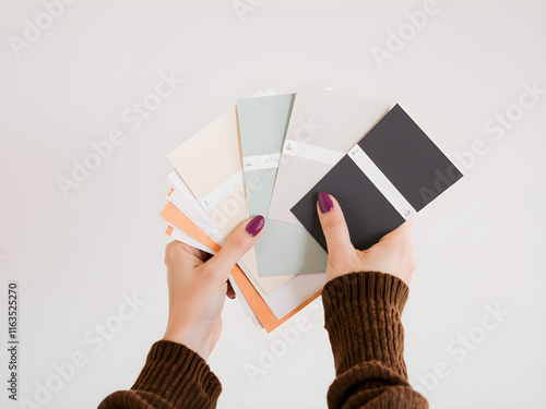 A person is holding a bunch of paint swatches in their hands