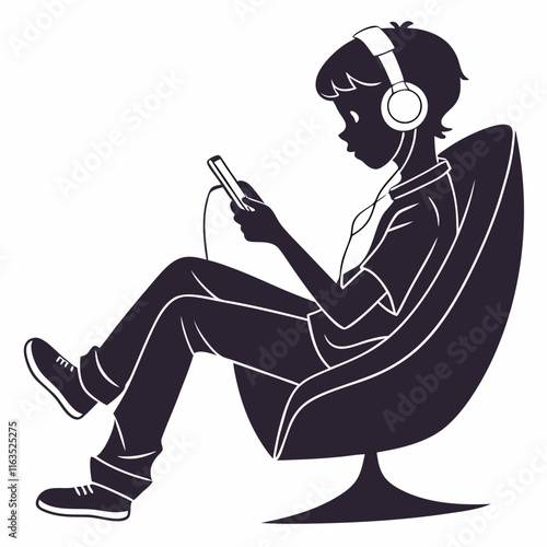 In the silhouette image, a boy is sitting in a chair listening to music on his mobile phone.