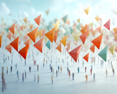 International kite day theme. Colorful paper triangles float above a crowd of diverse, small figures in a surreal landscape. photo