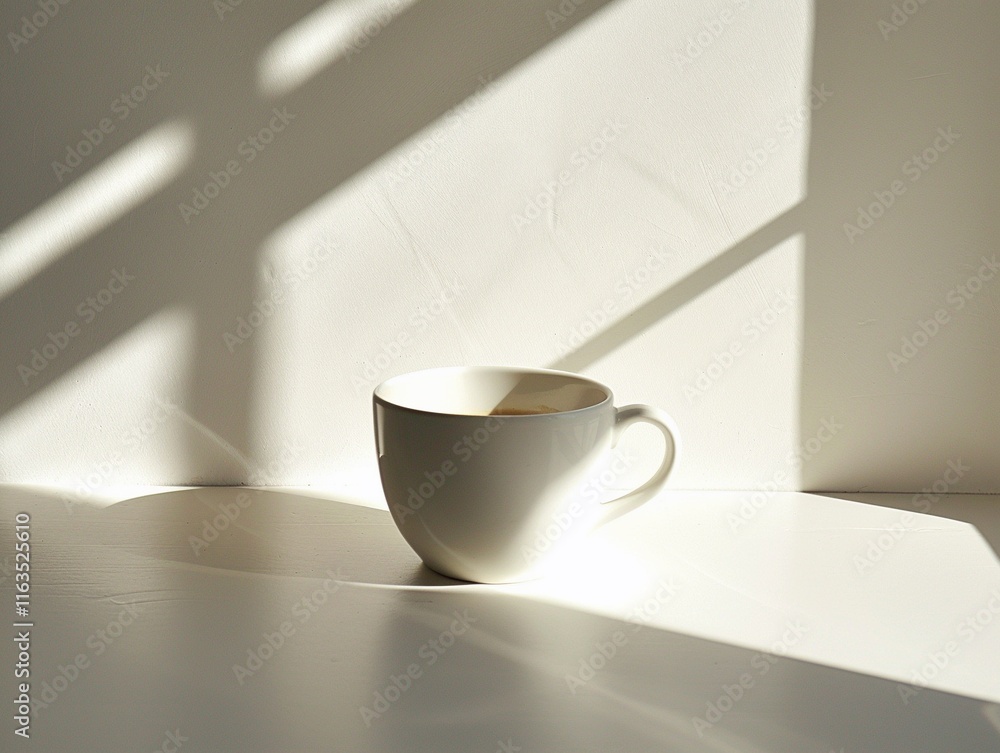 White cup sits on table near window. White cup sits on table near window.
