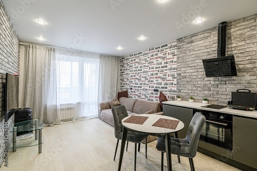 interior apartment kitchen and dining room, refectory area, cooking equipment, table furniture, stove