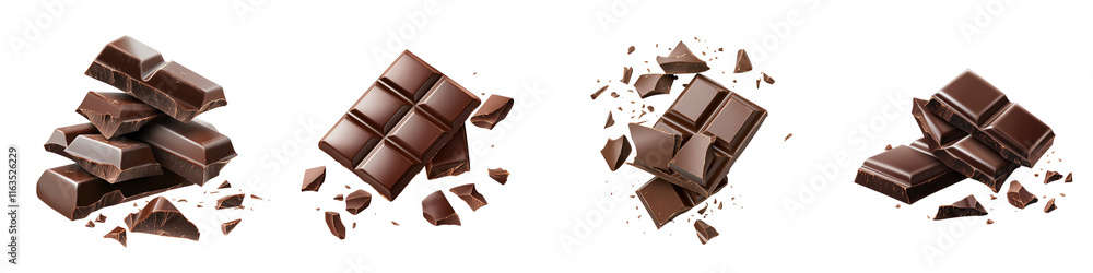 A collection of chocolate bars and pieces arranged in various orientations, showcasing rich textures and multiple shapes. A collection of chocolate bars and pieces arranged in various orientations, showcasing rich textures and multiple shapes.