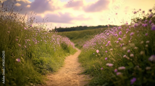 A peaceful dirt path surrounded by vibrant wildflowers and soft clouds in a serene landscape