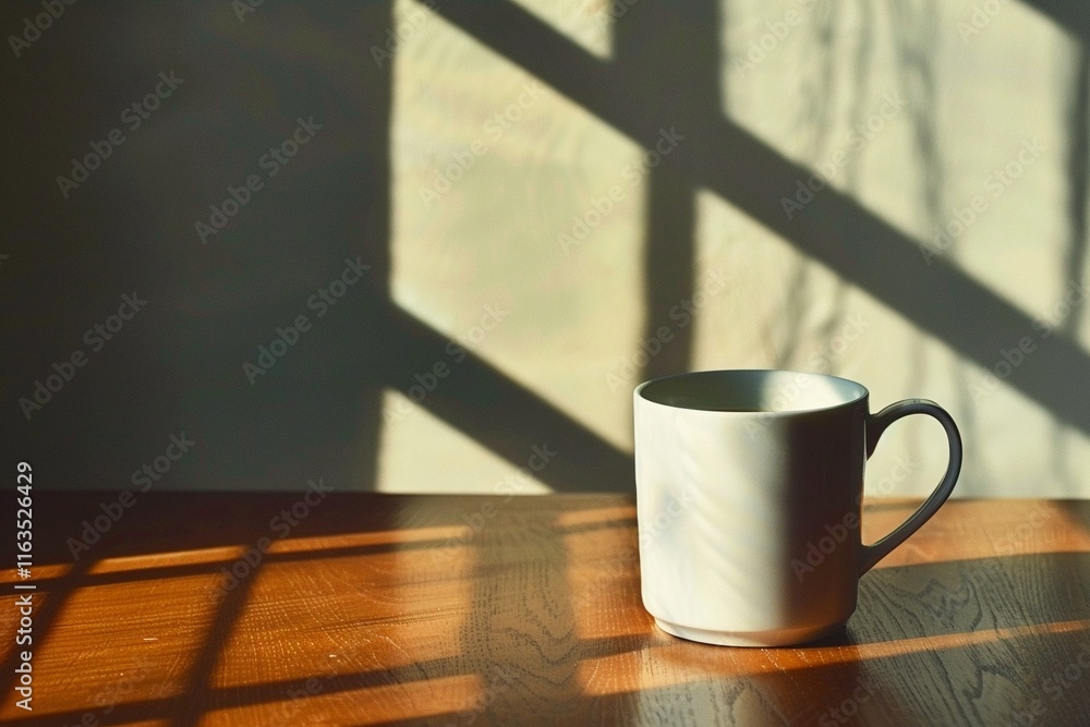 White cup sits on table near window. White cup sits on table near window.