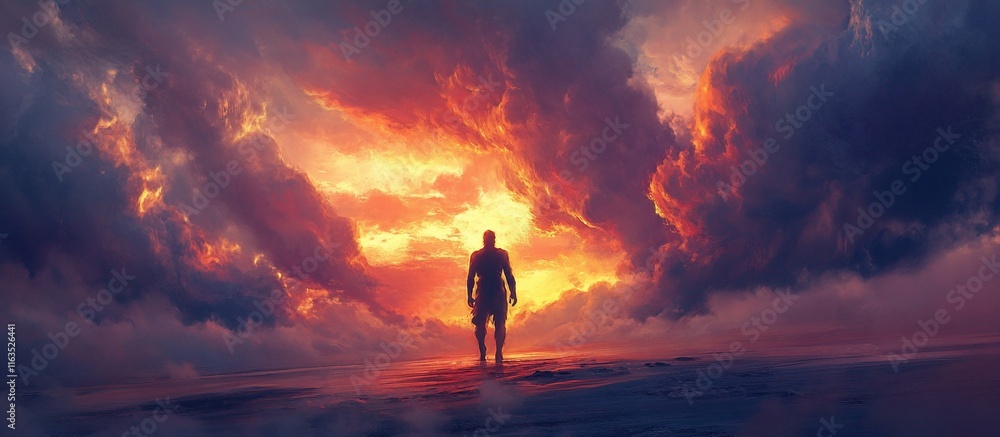 Fototapeta premium Silhouette of a person standing on a beach, facing a dramatic fiery sunset behind a stormy sky.
