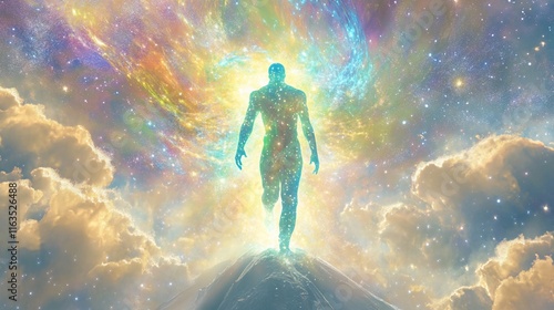 Wallpaper Mural A figure walks on a mountain peak amongst clouds and stars in a vibrant, ethereal, and cosmic scene. Torontodigital.ca