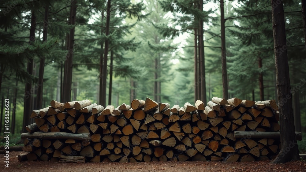 A large stack of neatly arranged firewood logs rests in a serene forest setting A large stack of neatly arranged firewood logs rests in a serene forest setting