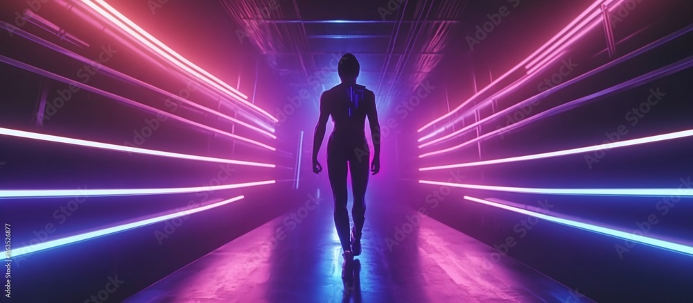 Woman walking in a neon lit corridor. Woman walking in a neon lit corridor.