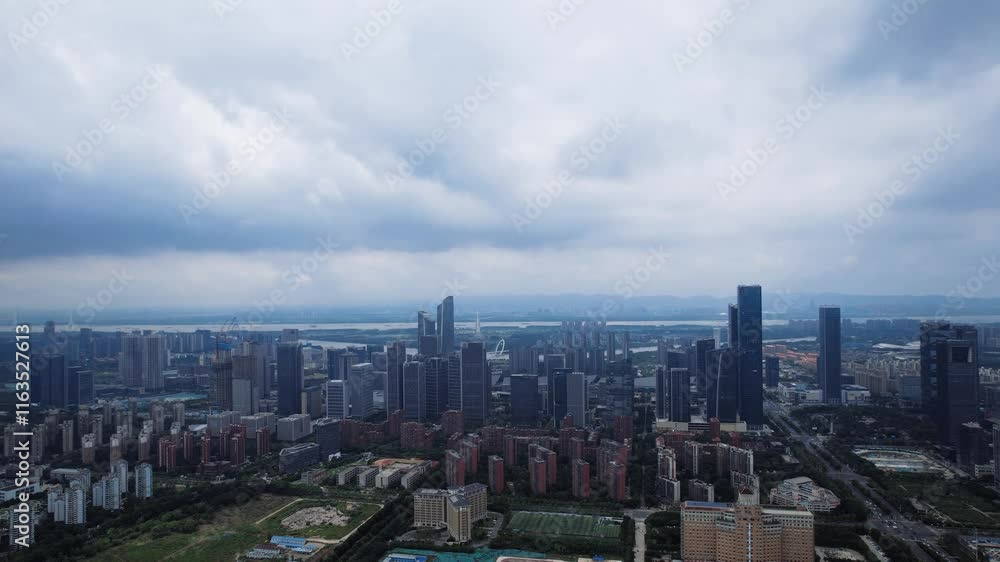 Views of Nanjing Hexi Financial City showcasing urban skyline and dramatic cloud formation in the background