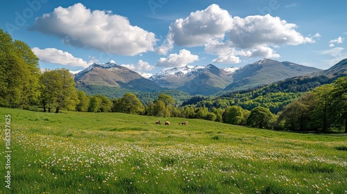 Breathtaking Landscape of Green Hills and Majestic Mountains Under Blue Sky