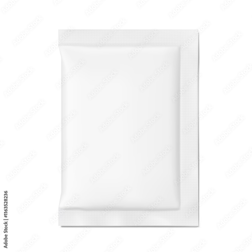 Sachet mockup. Hyper realistic. Vector illustration isolated on white background. Flat lay view. Packaging for cosmetic, food, pharmacy. Ready for your design. EPS10 Sachet mockup. Hyper realistic. Vector illustration isolated on white background. Flat lay view. Packaging for cosmetic, food, pharmacy. Ready for your design. EPS10