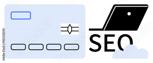 Credit card, laptop, cloud, and SEO text with minimalistic design. Ideal for e-commerce, digital business, online security, financial technology, digital marketing cloud services transaction