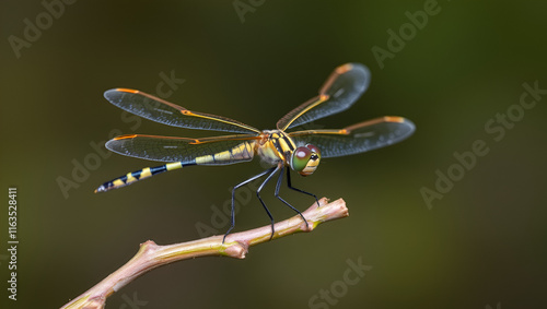 Ictinogomphus decoratus, a clubtail dragonfly, perched on a small branch with copy space in a biological and entomological context. photo