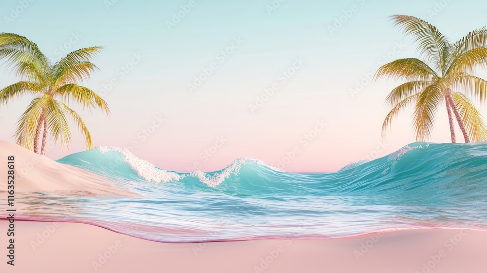 Fototapeta premium Tranquil Paradise: Pastel Beach Scene with Palm Trees and Gentle Waves