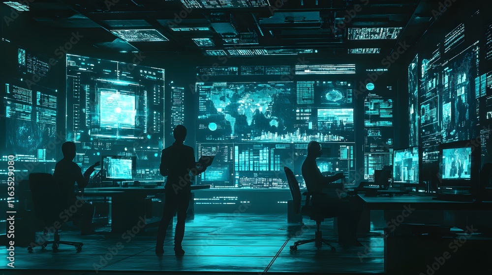 Silhouetted Figures Working Amidst Digital Data Displays Silhouetted Figures Working Amidst Digital Data Displays