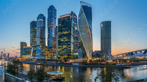 Canvas Print High buildings of Moscow-City at Moskva River at summer sunset, Russia