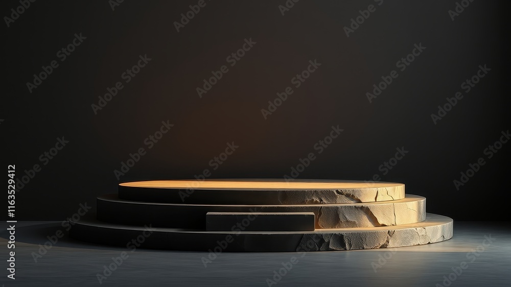 Studio-lit three-tiered stone platform, ideal for product display Studio-lit three-tiered stone platform, ideal for product display