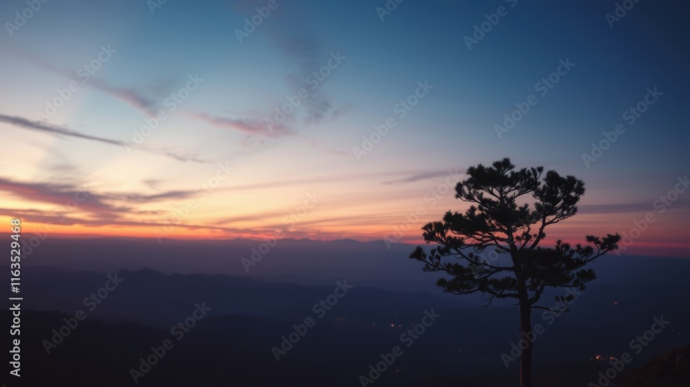 Serene Sunset Silhouette A Single Tree Stands Tall Against a Vibrant Sky and Distant Mountain Range Serene Sunset Silhouette A Single Tree Stands Tall Against a Vibrant Sky and Distant Mountain Range
