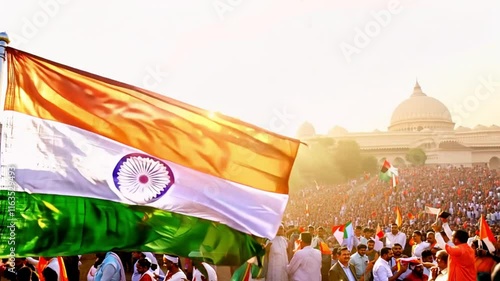A crowd of people are gathered in a crowded area with waving Indian flag, Victory of democracy. generative ai