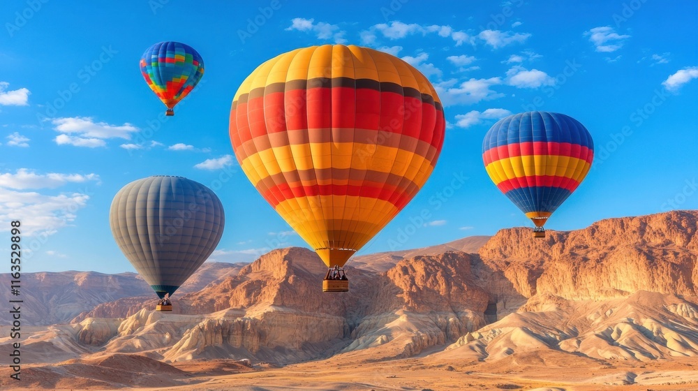 Obraz premium Hot Air Balloons Soaring Over Desert Mountains: A Breathtaking Aerial View