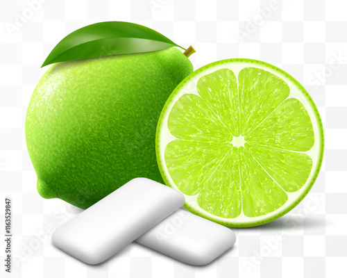 Bubble gum with an lime flavor. Pads of bubble gum spearmint for fresh breathing. Chewing gums for healthy teeth and dental hygiene. Refreshing candy. Realistic 3D vector illustration