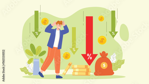 A bold design depicting declining market trends, with graphs, statistics, and analytical visuals for economic insights.