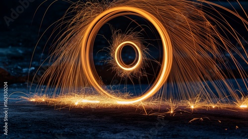 A light painting image of a spinning steel wool creating sparks in a circular motion, captured against an abandoned urban background at night. 32k, full ultra hd, high resolution photo