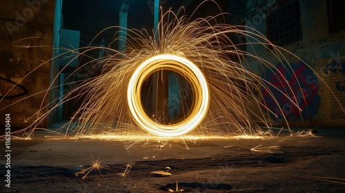 A light painting image of a spinning steel wool creating sparks in a circular motion, captured against an abandoned urban background at night. 32k, full ultra hd, high resolution photo