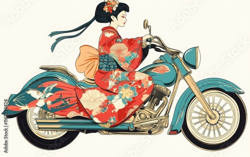 A geisha in a colorful kimono riding a classic motorcycle, illustrated in vintage line art style on a white background