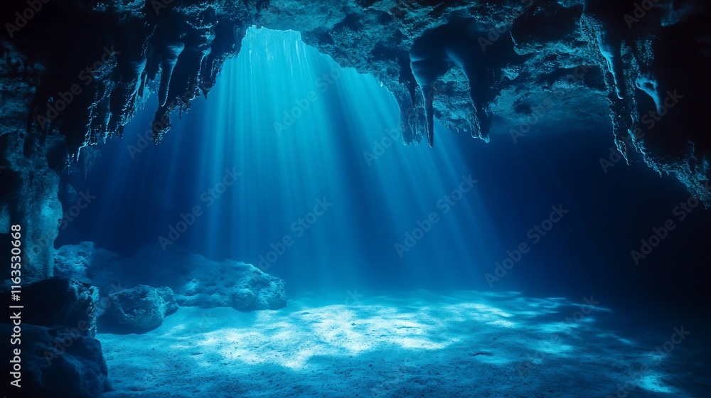 Obraz premium Underwater cave, sunlight beams through the opening, illuminating the deep blue water.
