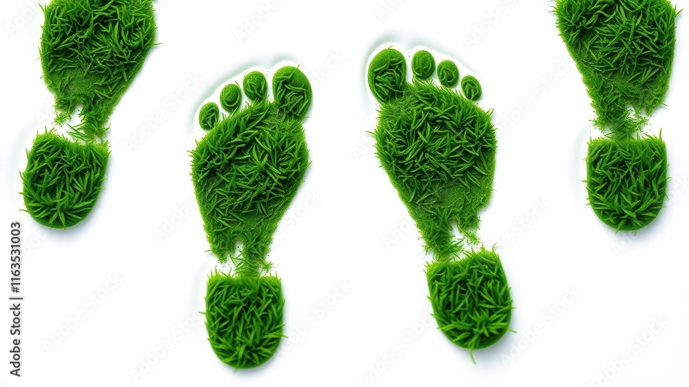 Four Green Grass Footprints on White Background Symbolizing Environmental Conservation and Sustainable Living Four Green Grass Footprints on White Background Symbolizing Environmental Conservation and Sustainable Living