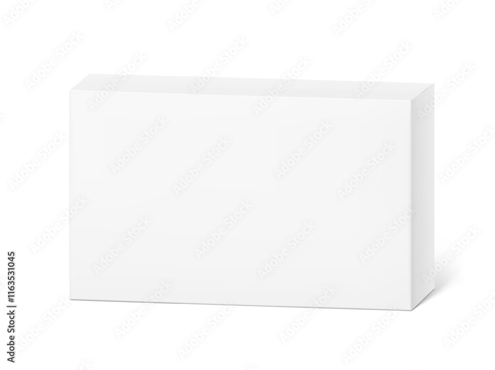 Realistic white closed paperboard box mockup. Vector illustration isolated on white background. Taking your 2D designs into 3D. Can be use for medicine, food, cosmetic and other. EPS10. Realistic white closed paperboard box mockup. Vector illustration isolated on white background. Taking your 2D designs into 3D. Can be use for medicine, food, cosmetic and other. EPS10.